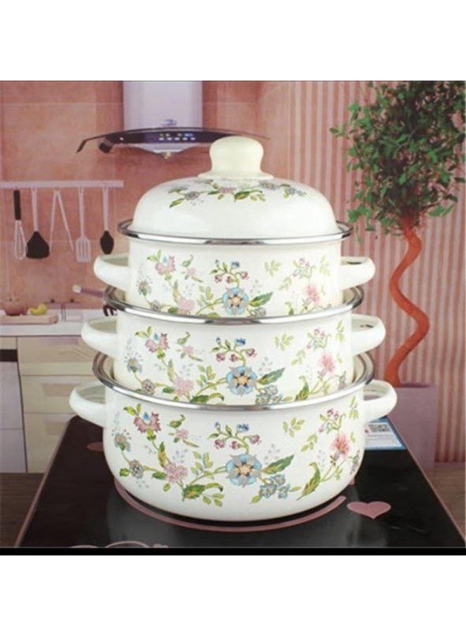 Floral Enamel Cooking Pot Set – 3 Pieces with Lid – Heat Resistant Kitchen Cookware - Image 1